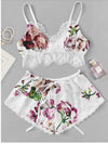 Multicolor Lace Trim Floral Print Satin Sexy Women Lingerie Set Boho Wireless Intimates Femme Bra Underwear Set