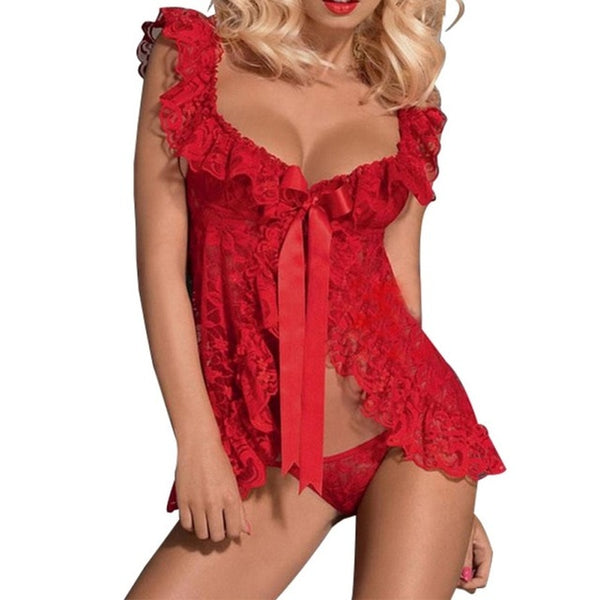 Sexy Lace Lingerie Dress Women Homewear Night Gown with G-String Panties Sleepwear Set
