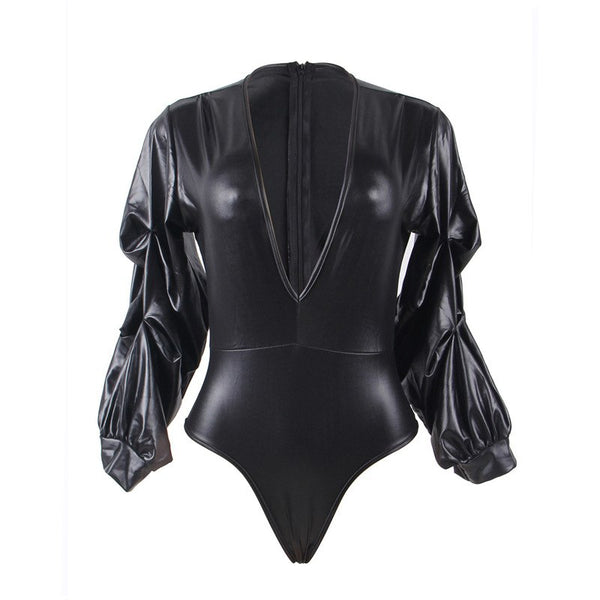 Ohyeah Sexy Black Bodysuit for Women – Deep V-Neck Long Sleeve Lace Erotic Lingerie, Plus Size Babydoll 80605
