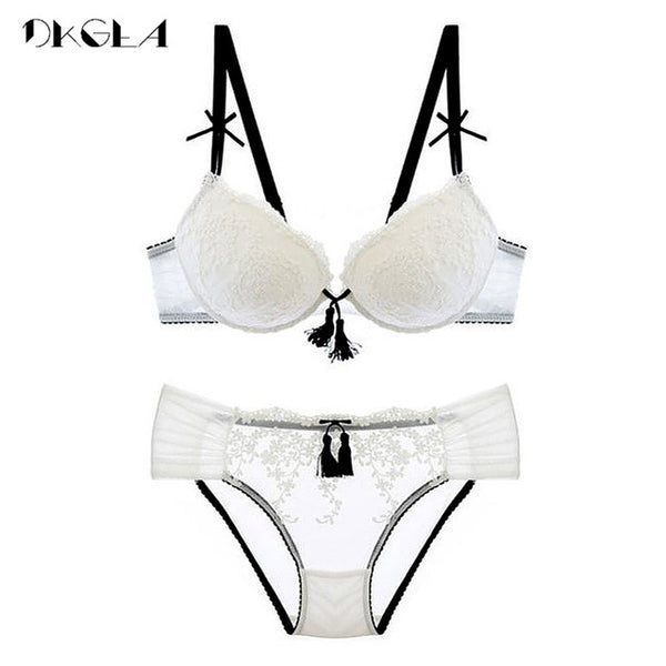 Palace Tassel Push-Up Lace Bra & Panty Set for Women – Thick Cotton Padded Brassiere, Embroidered Sexy Lingerie Underwear Set