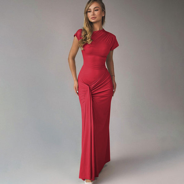 Autumn New Women’s Slim Fit Pleated Lace-Up Short Sleeve Dress – Fashionable & Elegant