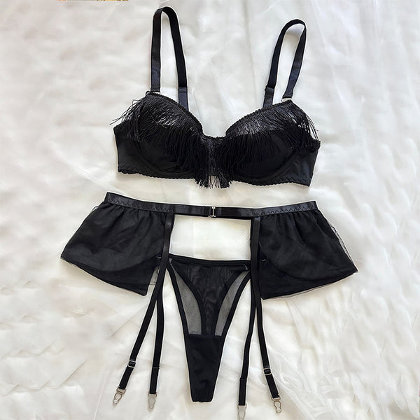 Sexy Tassel Bra Lingerie Set for Women – Sheer Mesh 3-Piece Erotic Bra, Panty & Garter Set
