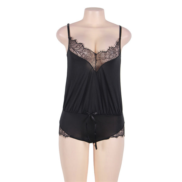 Sexy Black Strap Romper Sleepwear for Women – Comfortable Lingerie One-Piece Plus Size Nightwear