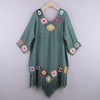 New Off Shoulder 3/4 Sleeve Hooked Flower Splice Irregular Tassel Beach Sunscreen Cover Up Ethnic Style Dress