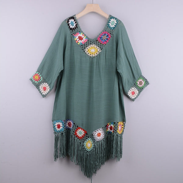 New Off Shoulder 3/4 Sleeve Hooked Flower Splice Irregular Tassel Beach Sunscreen Cover Up Ethnic Style Dress