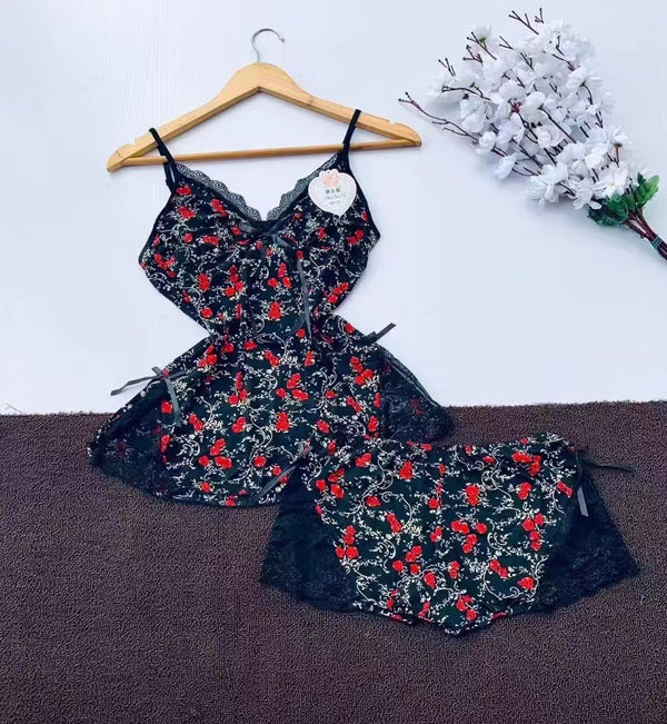 Floral Lace Nightwear Set for Women – Soft Camisole Top & Shorts