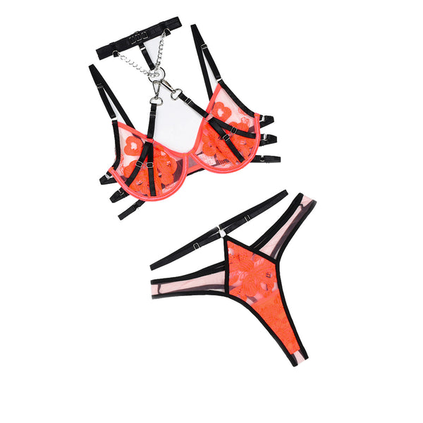 Color Blocking Detachable Two-Piece Sexy Bra Set Embroidered Splicing Lingerie for Women