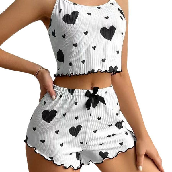 Sexy Lingerie Set with Heart Print Sweet Strap Nightwear Suit for Women
