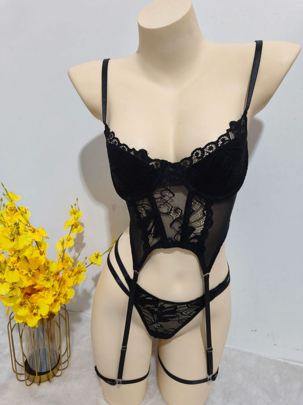 Steel Support Stocking Garter Belt One-PieceLingerie Pure Desire Lace Sexy Temptation Thong Set