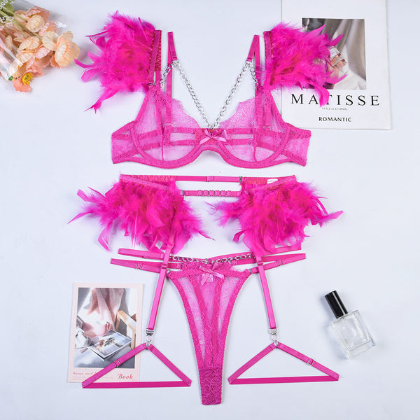 Feather Chain Lace Lingerie Set for Women – Sexy Transparent Mesh Babydoll with Strappy Chain Detail, Sheer Nightwear Sleepwear