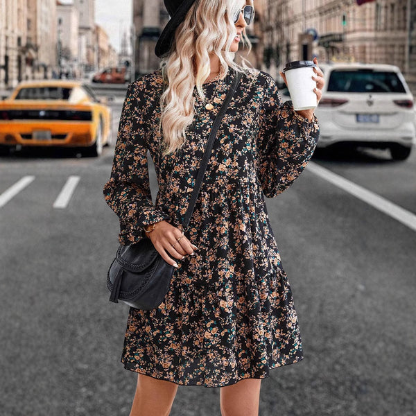Fashionable Printed Long Sleeve Dress with One Button Loose Fit Autumn Style