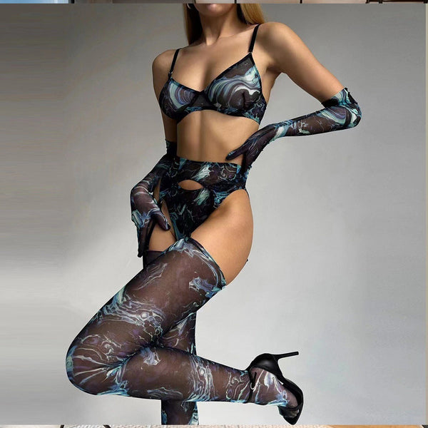 Tie-Dye Colorful Mesh Lingerie Set for Women – Sexy Five-Piece Small Bust Gathering Nightwear