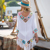 New Off Shoulder 3/4 Sleeve Hooked Flower Splice Irregular Tassel Beach Sunscreen Cover Up Ethnic Style Dress