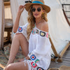 New Off Shoulder 3/4 Sleeve Hooked Flower Splice Irregular Tassel Beach Sunscreen Cover Up Ethnic Style Dress