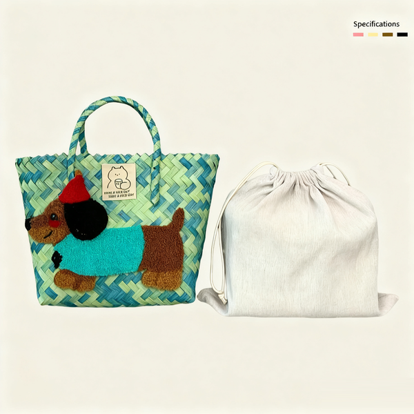 Large capacity sausage dog hand woven cabbage basket rattan woven handbag office miscellaneous carry bag picnic women's bag
