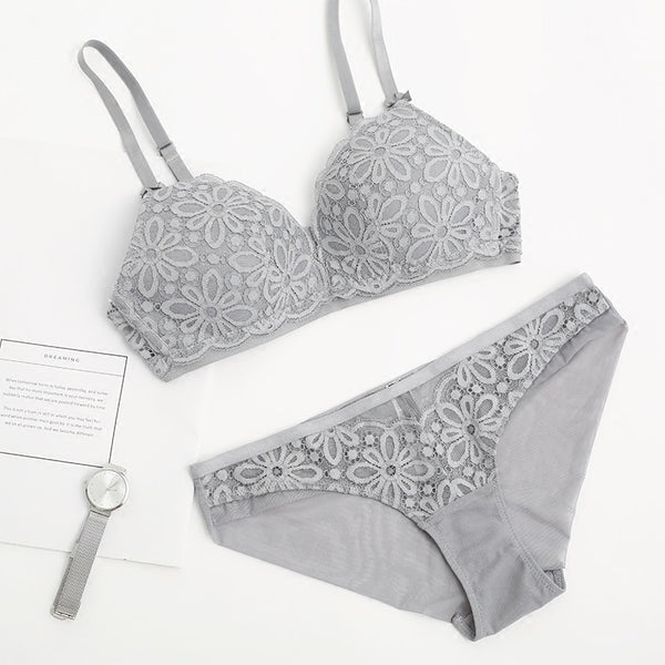 Sexy Lace 3/4 Cup Bra Set for Women – Wireless Thin Cotton Breathable Solid Color Lingerie