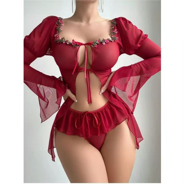 Strap Sleep Dress Erotic Lingerie Sleepwear Embroidered Design