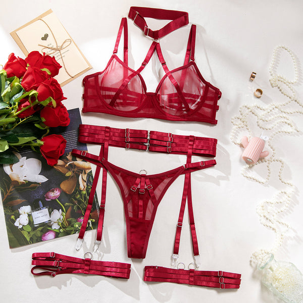 Complex Heavy Work Lingerie Thin Sexy Transparent Halter Bra Four-Piece Set for Women