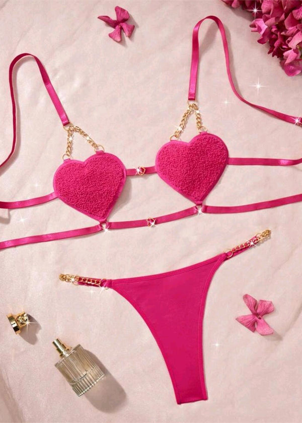 Luxury Pink Heart Chain Lingerie Set | Romantic French Style | AYEMOSH