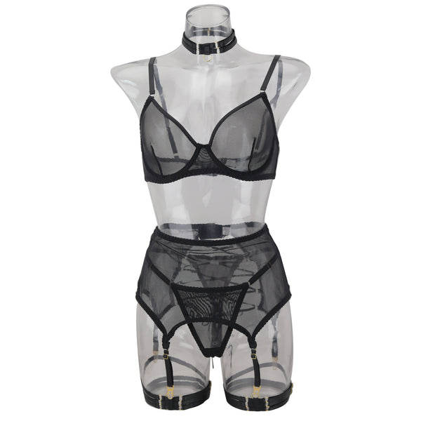 Hot Selling Black Sexy Lingerie Set for Women – Sheer Mesh Strap Patchwork See-Through Erotic Nightwear