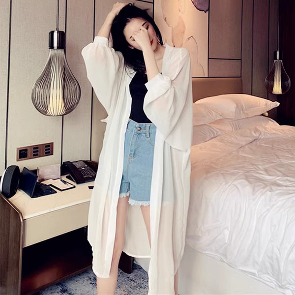 Sun Protection Cardigan for Women Summer New Arrival Chiffon Sunscreen Jacket Mid-Length Outerwear Beach Cover-Up Thin Coat