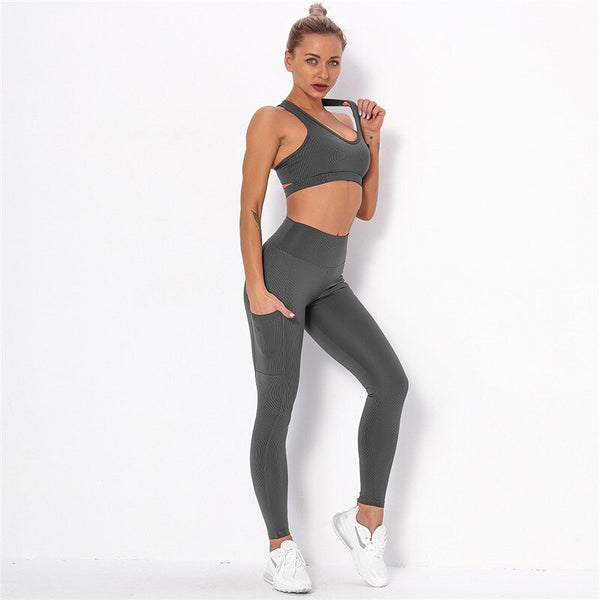 Striped Sports Suits Gym Training Yoga Leggings Sets Women Tracksuits Fitness Outfit Running Workout Sets