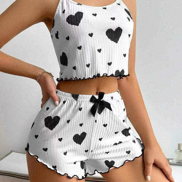 Sexy Lingerie Set with Heart Print Sweet Strap Nightwear Suit for Women