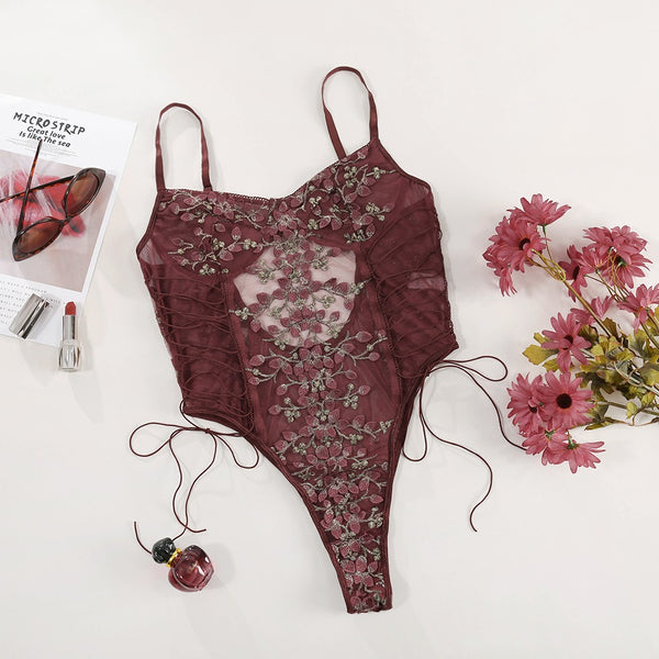 Erotic Lace Flower Embroidery Lingerie Jumpsuit for Women – Sexy Lace-Up Sheer Perspective Nightwear