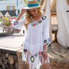 New Off Shoulder 3/4 Sleeve Hooked Flower Splice Irregular Tassel Beach Sunscreen Cover Up Ethnic Style Dress
