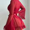 Lace One-Piece Sleepwear Flare Sleeve Sexy Belted Lingerie Set with Stockings for Women