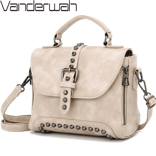 White Vintage Oil Leather Luxury Handbags Women Bags Designer Crossbody Bags For Women Rivet Small Ladies Hand bag