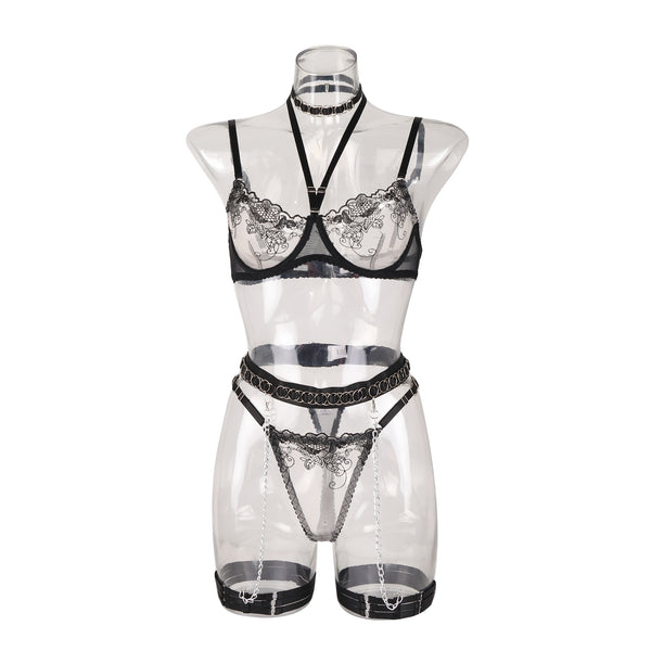 Lace hollow splicing perspective metal chain hanging neck sexy lingerie