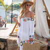 New Off Shoulder 3/4 Sleeve Hooked Flower Splice Irregular Tassel Beach Sunscreen Cover Up Ethnic Style Dress