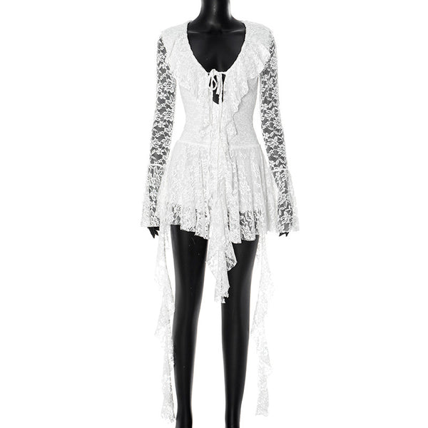 Sexy Lace Ribbon Tie Dress – Long Sleeve Flared Sleeve Women's Dress