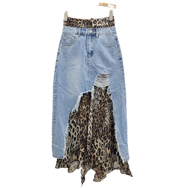 Autumn New Cowboy Leopard Print Splice Two-Piece Slimming Half Skirt for Women – Spicy Girl Style