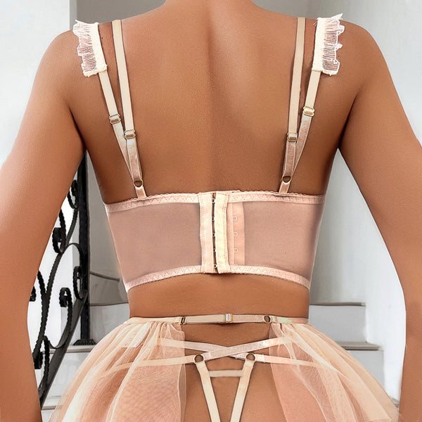 Lingge Embroidery Sexy Strap Mesh Puff Skirt Sexy Underwear Set
