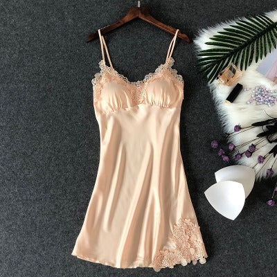 Women's Sexy Silk Nightgown – Lace Satin Babydoll Summer Sleepwear with Chest Pad