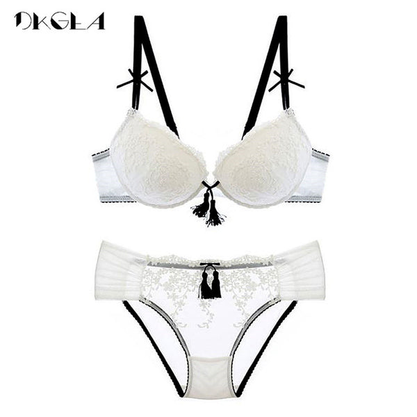Palace Tassel Push-Up Lace Bra & Panty Set for Women – Thick Cotton Padded Brassiere, Embroidered Sexy Lingerie Underwear Set