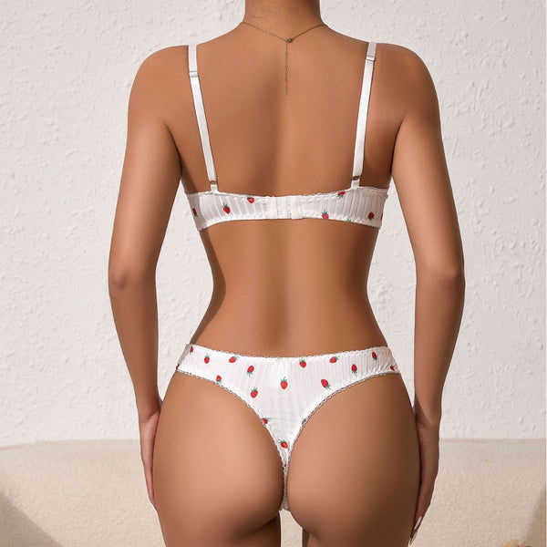 Printed Lace Bra Set with Steel Ring Gathering Bowknot Erotic Underwear