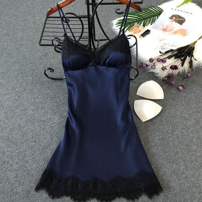 Women's Sexy Silk Nightgown – Lace Satin Babydoll Summer Sleepwear with Chest Pad