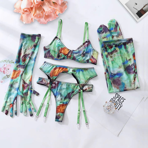 Tie-Dye Colorful Mesh Lingerie Set for Women – Sexy Five-Piece Small Bust Gathering Nightwear