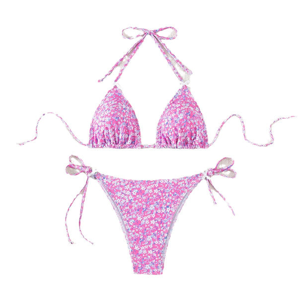Floral triangle cup lace up sexy bikini split swimsuit for women