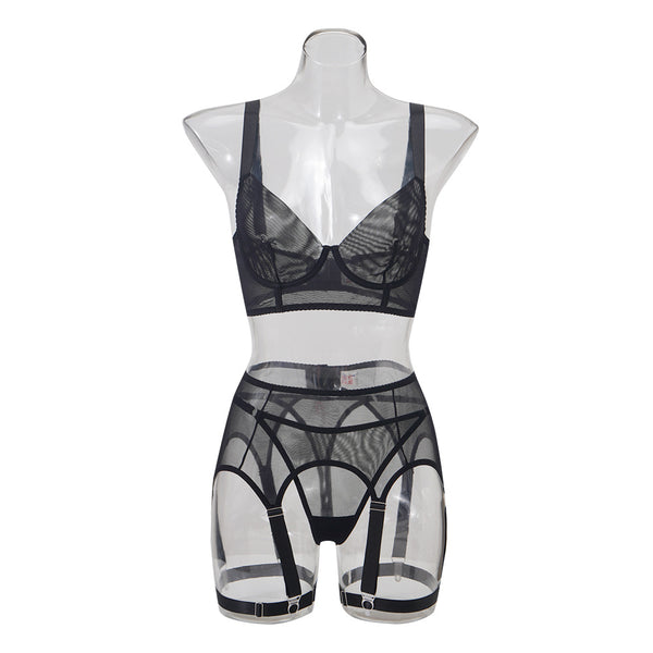 “Breathable mesh see-through sexy lingerie split set for women”