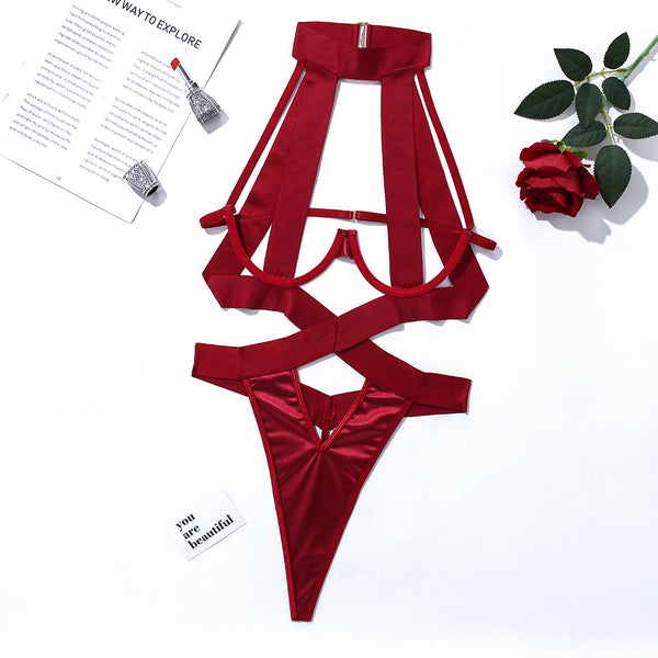 New sexy women's rope and hollow hanging neck jumpsuit, sexy lingerie