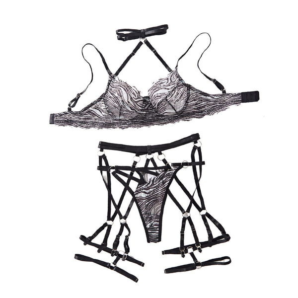 Zebra Mesh Hollow Neck Sexy Lingerie Set for Women – Sheer Strappy Erotic Nightwear
