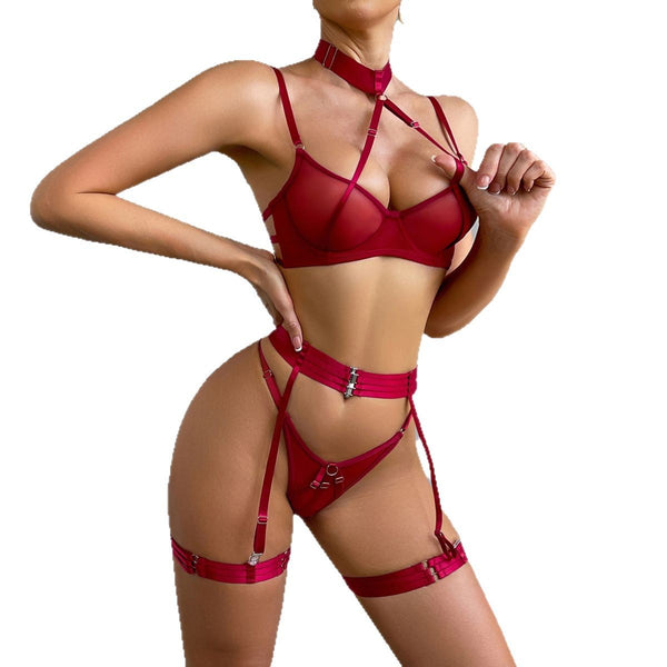 Complex Heavy Work Lingerie Thin Sexy Transparent Halter Bra Four-Piece Set for Women