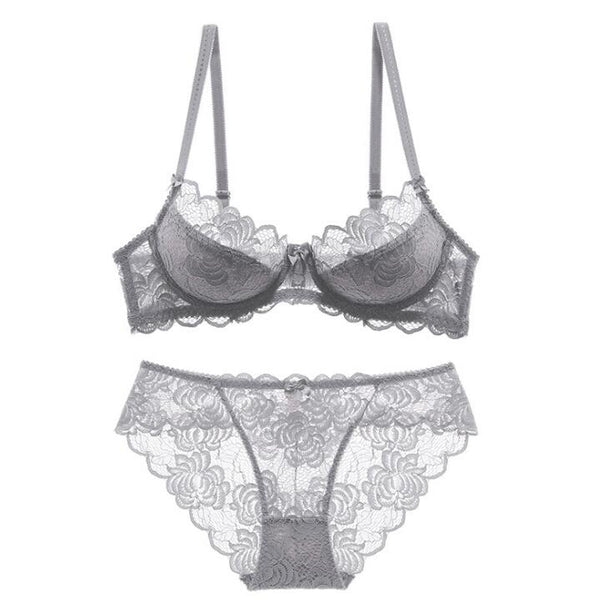 Sexy Bra Ultrathin Underwear Set Plus Size C D Cup Women Transparent Bra Sets Lace Embroidery Lingerie Gray Brassiere