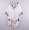 New Off Shoulder 3/4 Sleeve Hooked Flower Splice Irregular Tassel Beach Sunscreen Cover Up Ethnic Style Dress