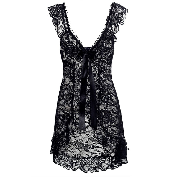 Sexy Lace Lingerie Dress Women Homewear Night Gown with G-String Panties Sleepwear Set