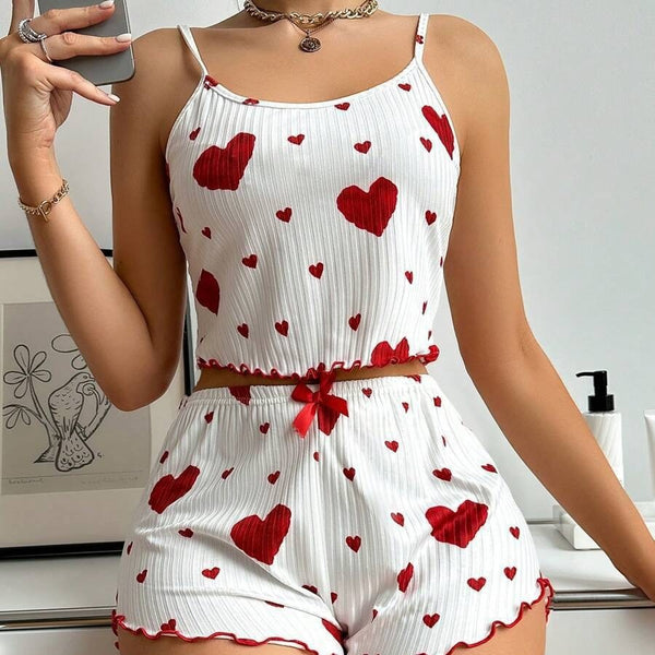 Sexy Lingerie Set with Heart Print Sweet Strap Nightwear Suit for Women